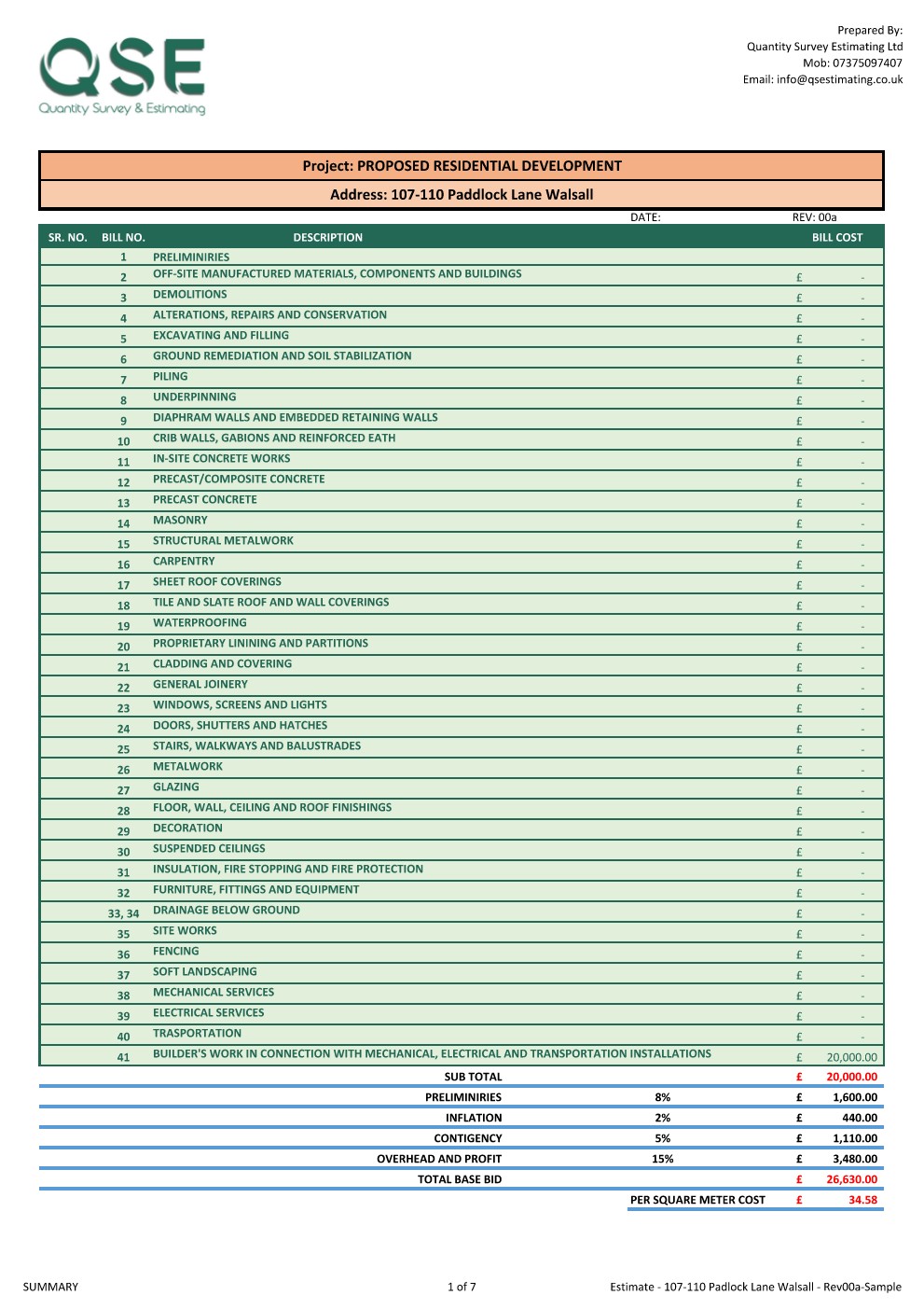 Residential Development Estimate